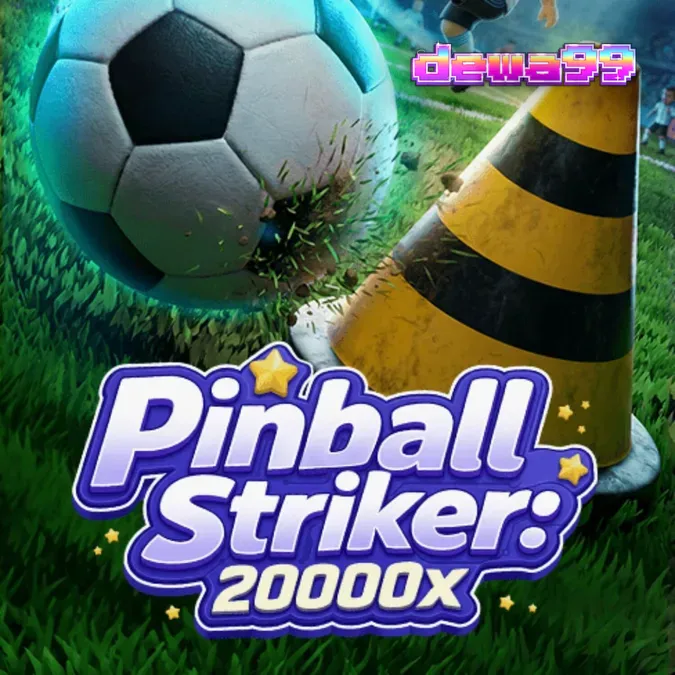 Tampilan layar permainan slot Pinball Striker 20,000x dengan tema sepak bola dan pinball.