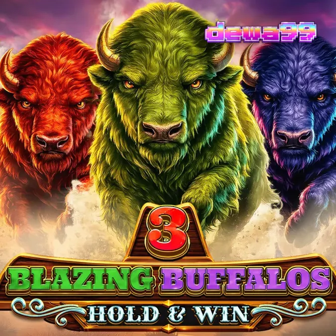 Tampilan visual neon dari slot 3 Blazing Buffalos dengan latar belakang gurun